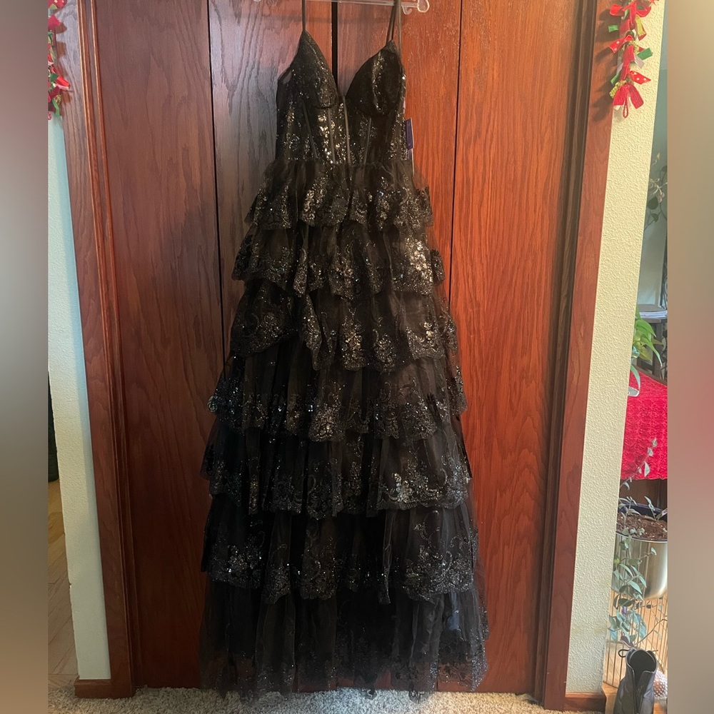 PromGirl Black Sequin Layered Prom Dress